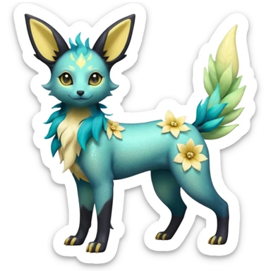 Multicolored sparkly light pale pastel whitish pretty cool elegant realistic flowery exotic Trico-Bolthund-Electrike-Luxray-Umbreon-Leafeon-hybrid, full body sticker