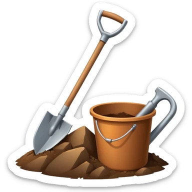 An icon featuring a shovel, pickaxe, and an ancient artifact like a broken pot, symbolizing the essentials of archaeology. The design focuses on the tools of excavation and discovery, with minimal detail for a clean, recognizable look. Transparent background. sticker