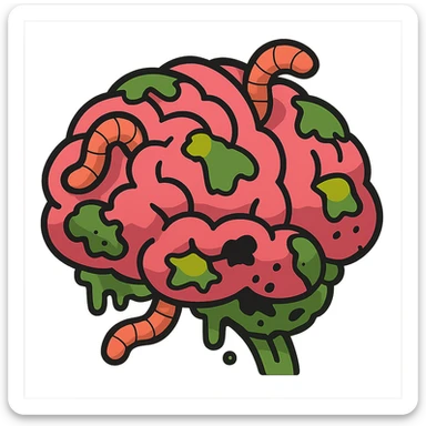 brain with greenish rot, worms crawling out, and decayed patches, cartoon style sticker
