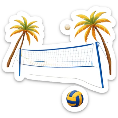 A volleyball resting on the orange sand ground of a beach, with a volleyball net in the background. The scene captures a sunny beach atmosphere with clear blue sea and sky, palm trees swaying, and people in swimsuits enjoying the vibrant surroundings sticker