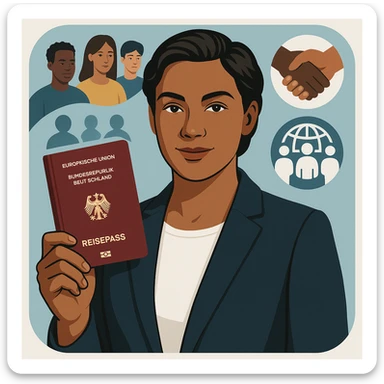 realistic style portrait of a confident person with a German passport and integration motifs, modern and official, app icon sticker