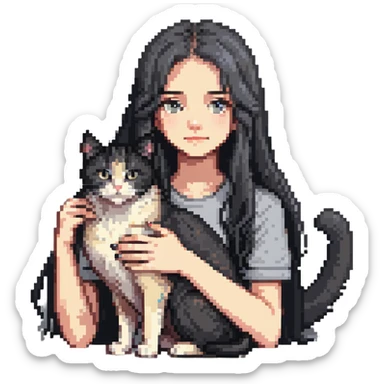 Beautiful girl with long black hair petting a gray and blonde mixed cat sticker