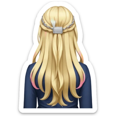 a girl facing backwards so that her hair is showing, long hair that is wavy. she has her hair in a style of half-up-half-down with a small claw-clip securing the hair of the head where the hair strands meet. hair is a platinum blonde color and dark blonde highlights.  sticker
