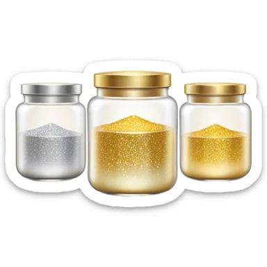 Cinematic Realistic Glitter Jars, elegant glass containers filled with ultra-fine shimmering gold and silver dust, light catching the tiny specks in a mesmerizing glow, slightly open lids revealing the rich, sparkling texture inside, set against a softly blurred background, radiating a sense of enchantment and wonder. sticker