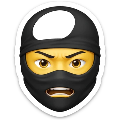 angry ninja face emoji, classic yellow emoji style, mouth and lower face fully covered by all black ninja uniform, only intense eyes visible sticker