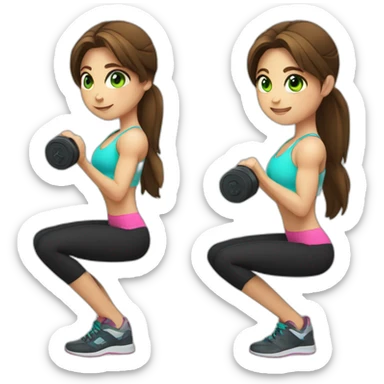 girl gym trainer with brown hair green eyes holding dumbbell sticker