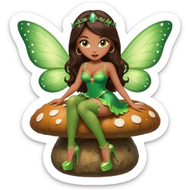 A sexy, super pretty bratz girl with caramel skin. Huge tits. Dark brown hair and brown eyes. She has freckles. Wearing sexy makeup. Wearing a green fairy costume and heels and flying nsfw sitting on a mushroom sticker