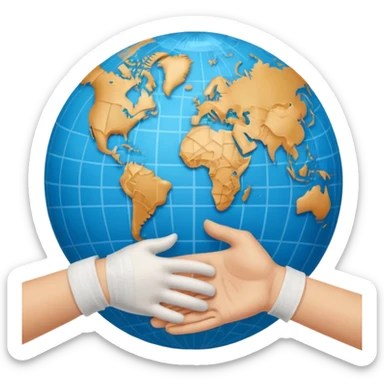 instead of two hands holding a globe, we have two hands handshaking in front of a globe. And in the background, we can see that the globe has a bandage or something. THE GLOBE HAS THE BANDAGE NOT THE HANDS sticker