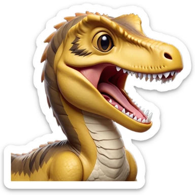 Cinematic Cute Yawning jurassic park Velociraptor Portrait Emoji, Head tilted slightly with a dramatic, wide-open yawn, showcasing a lean, powerful body with a relaxed snout and sleepy, half-closed eyes that hint at both ferocity and fatigue, Simplified yet irresistibly cute features, highly detailed, glowing with a soft, cozy prehistoric glow, high shine, relaxed yet expressive, stylized with a hint of whimsical ancient ease, soft glowing outline, capturing the essence of a drowsy yet endearing jurassic park Velociraptor that appears ready to stretch and yawn its way out of the screen! sticker
