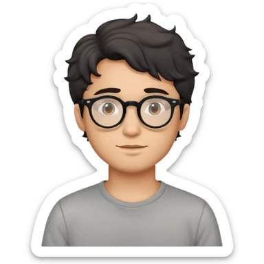 Young man with black wavy hair, round glasses, casual grey t-shirt sticker