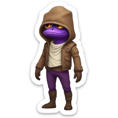 Pepe is cute in full height in brown and purple tones, stylish, brutal in a komonaut costume sticker