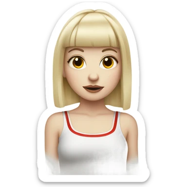 Pale skin blonde girl with bangs and a tattoo on her wrist of a red vertical line  sticker