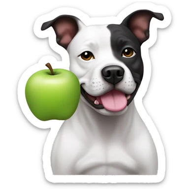 staffy dog has a white face. he has black ears, with a pink hue inside the ear. he has spots, which are on his mane not on his face! he is sitting down and make him look like an apple emoji  sticker