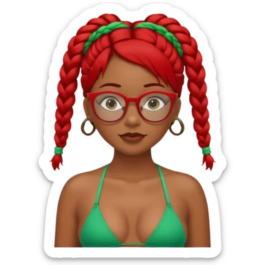 Dark Tan girl with two long red plaits and red rimmed  glasses, green bikini top,  head neck and shoulder shot only sticker