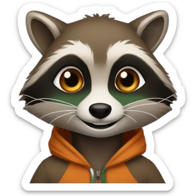brown raccoon with orange eyes and a dark green hood that smile sticker