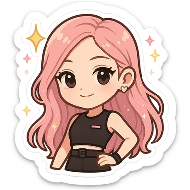 chibi sticker of Rosé from BLACKPINK, black and pink colors, cute and collectible style, with glitter and sparkles sticker