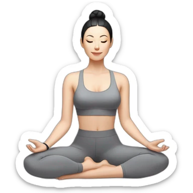 Pale skinned fit woman In a gray tight yoga suit and wristbands With black hair in a bun sits in the lotus position sticker