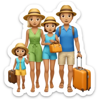 family of Italian tourists, parents and two kids, summer outfits, carrying suitcases sticker