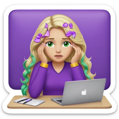 lady with long wavy blonde hair, purple top, green eyes, elbow on desk with hand on face, with a purple mac laptop tears rolling down her face as shes sick. sticker