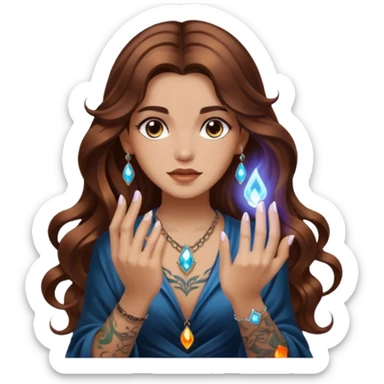 mystic woman long wavy brown hair tattoos lighting crystal with fingertip sticker