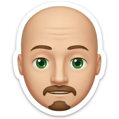 white caucasian bald man's face, with brown  round goatee and dark green eyes, oval face, rounded, big, little eyes a small smile sticker