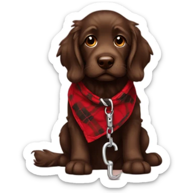 A chocolate colored doodle wearing a red and black flannel handkerchief holding his leash in his mouth sticker