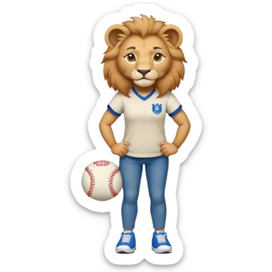 friendly anthropomorphised female lion wearing a baseball shirt, jeans, trainers, standing upright with arms folded, looking strong and confident sticker