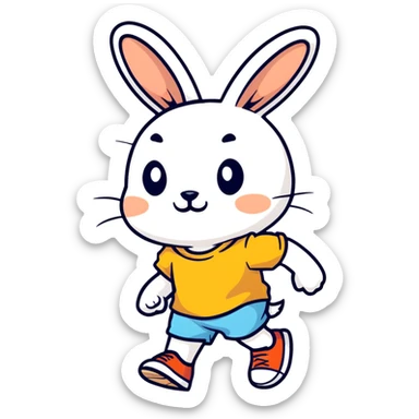 retro 1930s anthropomorphised rabbit in a t-shirt and shorts walking black and white sticker
