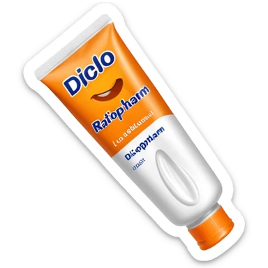 an empty, oversized and totally squeezed out tube of toothpaste labelled "Diclo ratiopharm". It is squeezed out and totally crumpled, flattened. Basic color is orange yellowish. sticker