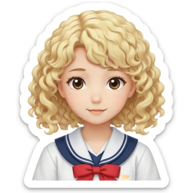 Sweet anime girl with blonde curly hair wearing Japanese sailor style school uniform, gentle smile, kawaii style sticker