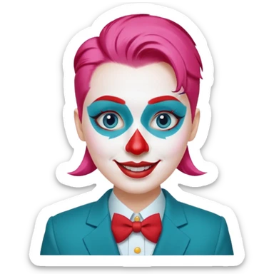 Pink slicked-back hair.

White face paint with blue eyebrows and eye makeup.

Big red nose and wide smile with red lipstick.

Wearing a teal suit with a yellow shirt and red buttons. sticker