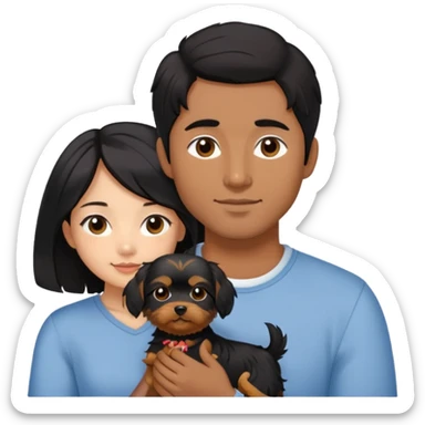 A couple holding holding a small Yorkshire Terrier together. The girl is an Asian girl with long, luscious wavy black hair (loose, no hair tie). She is standing beside a brown-skinned man with a short middle part haircut.  sticker
