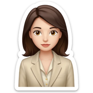 Tom de pele: clara com fundo rosado
Cabelos: longos, castanho escuro, levemente ondulados
Sobrancelhas: bem definidas e cheias
Olhos: castanhos claros (podem ser destacados com brilho)
Traços marcantes: lábios cheios e sorriso suave
Roupa: blazer branco acinturado, top de seda bege por baixo sticker
