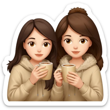 2 brunette girls sitting cozily in a beige fur hoodie sipping coffee sticker