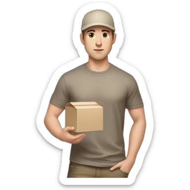 Pale skinned fit Man with dark brown hair in a beige cap, gray jeans and brown polo T-shirt keeping a pasted with tape white box into his hands sticker