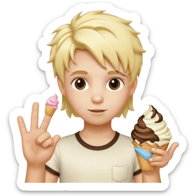 A kid with blonde icecream hair with two hands that has 6 on the left hand and 7 on the right hand sticker