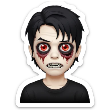 a boy with wavy hair, a zombie-shaped mouth piercing hum, and black hair with a black shirt too, and medium-length, wavy black hair, almost shoulder-length, with a lip piercing. with white skin sticker