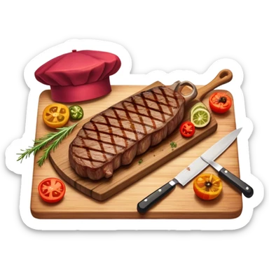 icon featuring a chef’s hat, a cutting board with fresh ingredients, a knife, a beautifully cooked ribeye steak, shashlik skewers, and a plate of food in the making. The design captures the passion of cooking with warm, inviting colors, and realistic textures. Transparent background. sticker