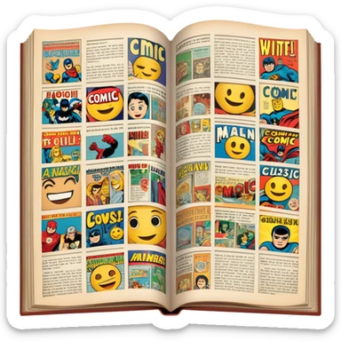 detailed and vintage-inspired emoji representing comic magazines and graphic novels as a storytelling art form. a large, open comic magazine with pages filled with classic American comic book panels. classic feel of old-school comic books a graphic novel. background transparent. No smiles! sticker