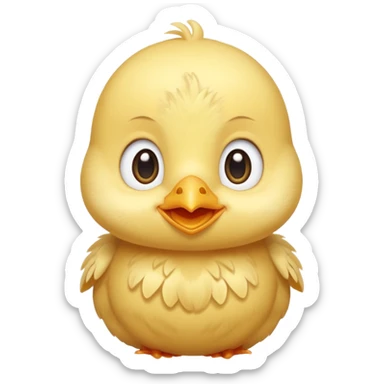 Cute baby chick named Lex, smiling with big shiny eyes, soft yellow feathers, round head, very adorable emoji style sticker