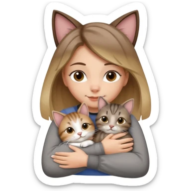 Une femme avec les cheveux dégradée, brun et blond, qui fait un câlin à son chat gris, tigré avec les extrémités que pattes pointe d’oreilles noires et le dessous du menton blanc la fille n’a pas d’oreilles, il n’y a qu’un seul chat sticker