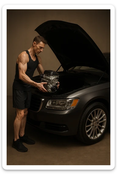 a lean, slimmed-down bodybuilder in gym clothes stands beside a large, imposing car (like an SUV or luxury sedan) with the hood open. Con attenzione e un po’ di fatica, solleva e installa un piccolo motore nel grande vano motore dell’auto. Il contrasto tra la stazza dell’auto e la dimensione ridotta sia del motore che del bodybuilder è evidente. L’atmosfera è riflessiva e simbolica. sticker