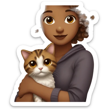 Light brown girl with short curly hair and brown eyes holding a tortoiseshell cat sticker