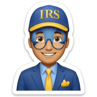 a man smiling dressed in a blue suit with a cap on that says IRS in yellow letters sticker