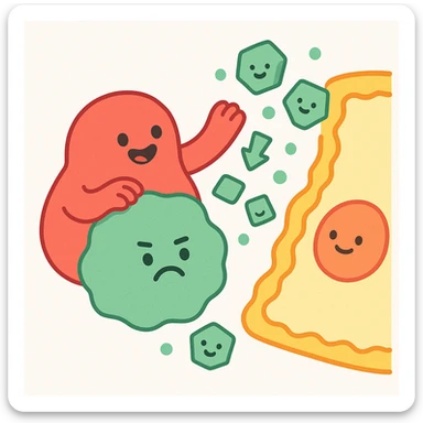 Ultra-detailed emoji-style illustration of enzyme digestion: Red amylase breaking green starch into sugars near a yellow cell membrane. Clean white background, no text. Scientific but simple, cartoon-exact shapes sticker