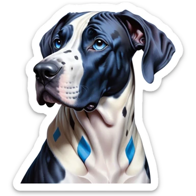 Cinematic Noble Harlequin Great Dane Portrait Emoji, Poised and regal, with a towering, muscular build and a striking coat of predominantly white with bold black patches, deep-set soulful blue eyes, Simplified yet sharp and sophisticated features, highly detailed, glowing with a soft, dignified glow, high shine, intelligent and loyal, stylized with an air of majesty, focused and attentive, soft glowing outline, capturing the essence of a watchful and confident guardian, so majestic it feels as though it could stride out of the screen with effortless authority! sticker