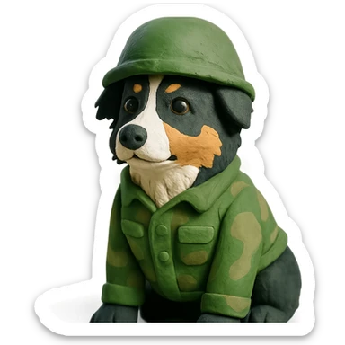 black-tri Mini American Shepherd in a camo green soldier uniform and green helmet sticker