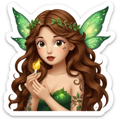 forest fairy woman long wavy brown hair tattoos blowing glowing kiss sticker