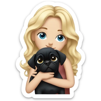 Girl with wavy blonde hair and blue eyes, kissing a black pug sticker