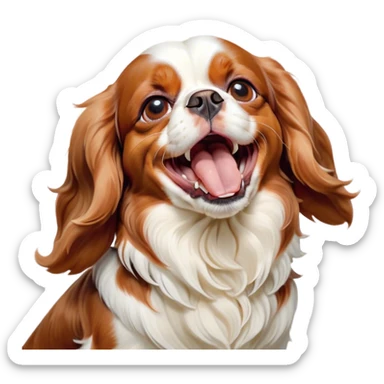 Cinematic Cute Yawning Blenheim Cavalier King Charles Spaniel Portrait Emoji, Head tilted slightly with a dramatic, wide-open yawn, soft Blenheim coat with delicate chestnut and white markings, floppy ears slightly drooping, round brown eyes barely open in drowsy contentment, Simplified yet irresistibly adorable features, highly detailed, glowing with a soft, cozy glow, high shine, relaxed yet expressive, stylized with a touch of whimsy, bright and endearing, soft glowing outline, capturing the essence of a sleepy yet affectionate companion, so drowsy it feels like it could stretch right out of the screen and curl up for a nap! sticker